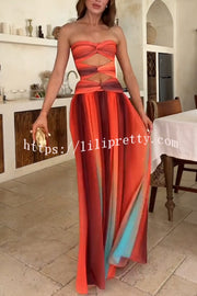 Sardinia Sunset Mesh Printed Twist Cutout Off Shoulder Vacation Maxi Dress