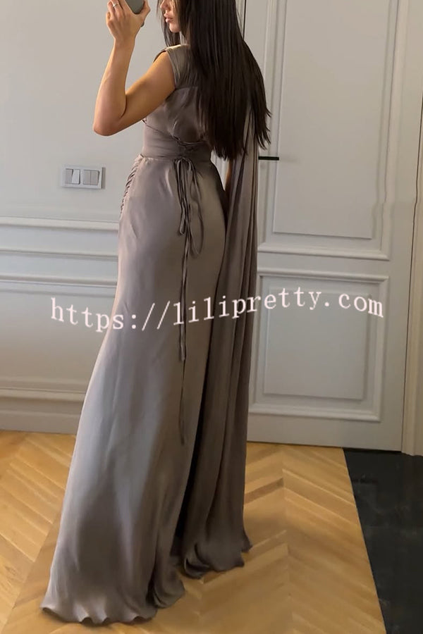 Solid Color Satin Sleeveless Waist Elegant Pleated Ribbon Maxi Dress