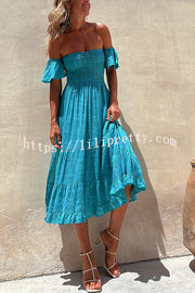 Lilipretty Cute on Repeat Ethnic Print Smocked Off Shoulder Tiered  Midi Dress