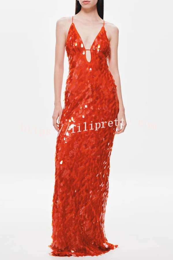 Reshape Beauty Fish Scale Sequin Cutout U-neck Slip Maxi Dress
