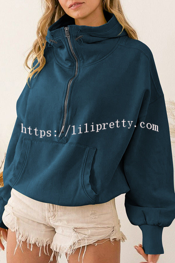 Lilipretty Front Pocket Zip Drawstring Long Sleeve Hoodie