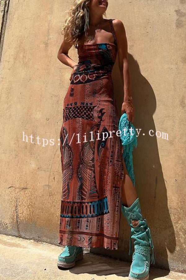 Lilipretty® Gypsy Style Unique Print Cowl Neck Back Lace-up Slit Midi Dress