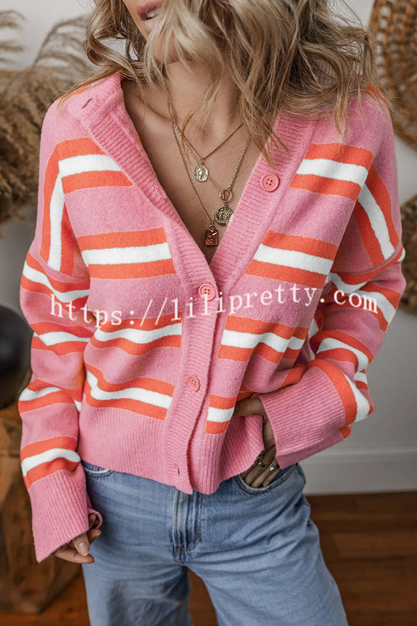 Colorblock Striped Knitted Long-sleeve Cardigan