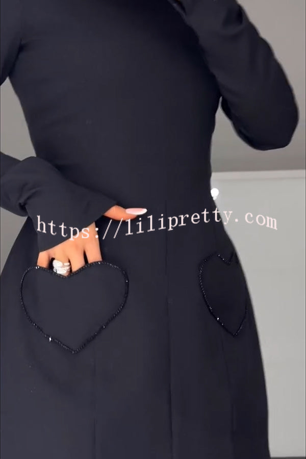 Anna Sparkling Gemstone Trim Heart Pocket Long Sleeve Mini Dress