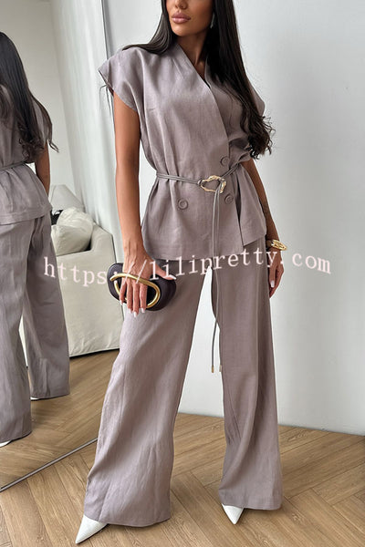 Modern City Double Breasted Belted Wide Short Sleeve Suit and Elastic Waist Loose Pants Set