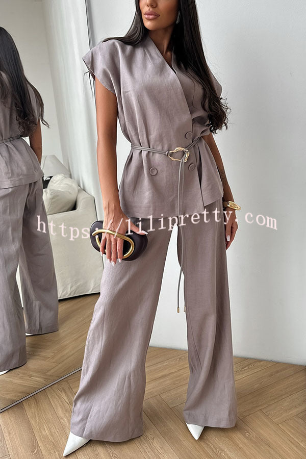 Modern City Double Breasted Belted Wide Short Sleeve Suit and Elastic Waist Loose Pants Set