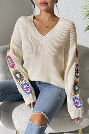 Fashion Hook Flower Long Sleeve V-Neck Loose Knitted Sweater