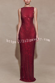 Holiday Nights Sequin Boat Neck Sleeveless Slit Maxi Dress