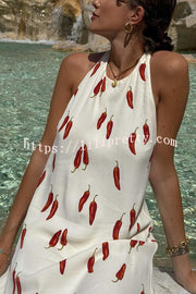 Lilipretty® Spicy Summer Chili Pepper Unique Print Soft Fabric Halter Loose Mini Dress