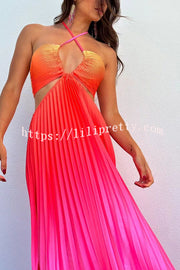 Get Ready Beautiful Gradient Print Cutout Halterneck Pleated Maxi Dress