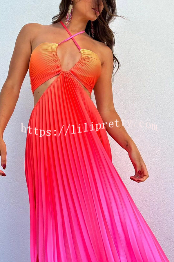 Get Ready Beautiful Gradient Print Cutout Halterneck Pleated Maxi Dress