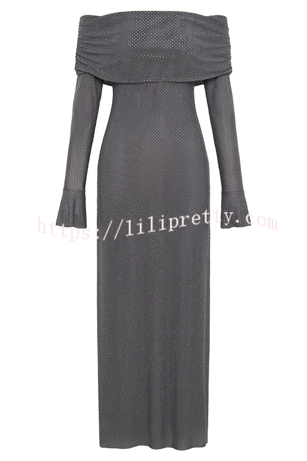 Sexy Shiny Off-The-Shoulder Long-Sleeved Fitted Maxi Dress