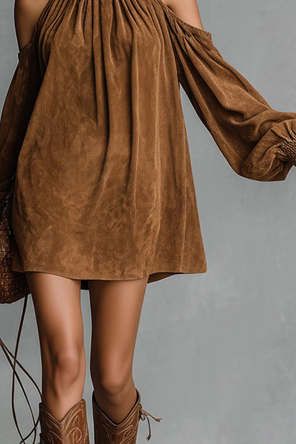 Stylish Off-shoulder Lantern-sleeved Suede Loose Mini Dress