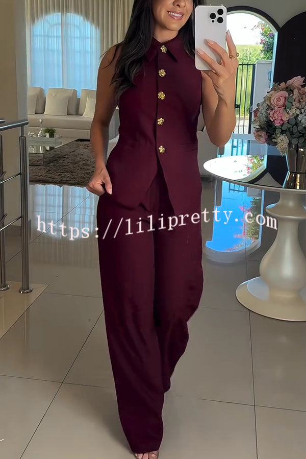 Fashion Lapel Sleeveless Button Vest and Casual Straight-leg Suit Pants Set