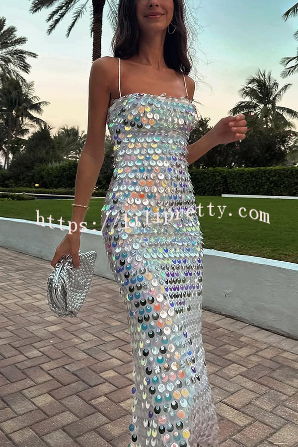 Sexy Sequined Halter-neck Backless Slim Fit Slit Midi Dress