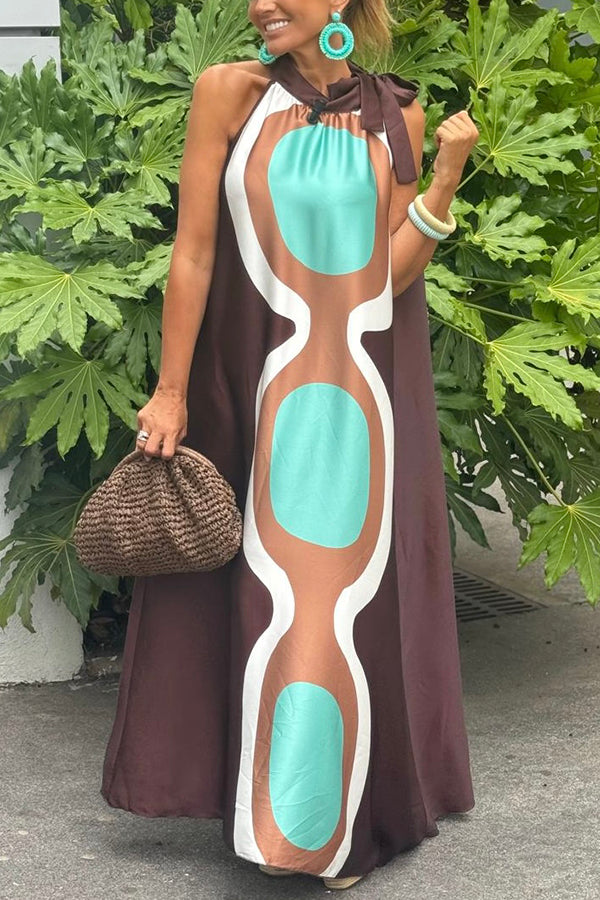 Unique Print Sleeveless Halter Neck Loose Holiday Maxi Dress