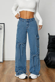 Fashion Bow Tie Workwear Loose Pocket Straight Jeans