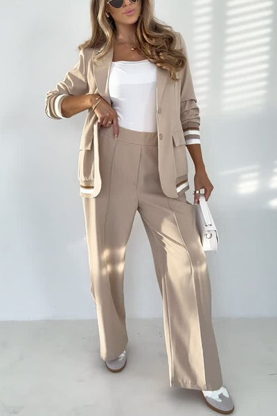 Solid Color Lapel Long Sleeve Loose Blazer and Elastic Waist Casual Pocket Wide Leg Pants Set