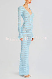 Solid Color Knit Hollow Long Sleeve Vacation Cover Up Maxi Dress
