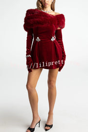 Stylish Velvet Off-shoulder Fitted Mini Dress and Fluffy Shawl, Velvet Gloves Three-piece Set