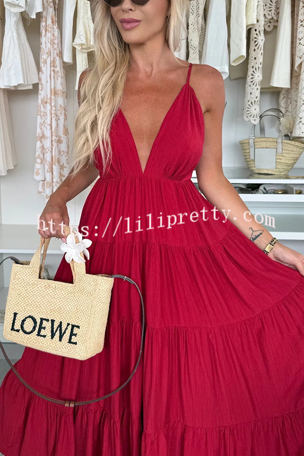 Bohemian Style V-neck Backless Slip Layered Vacation Maxi Dress