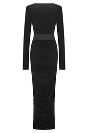 Sexy See-through Long-sleeved V-neck Pleated Slim-fit Maxi Dress