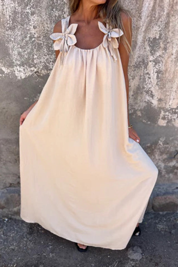 Solid Floral Embellished Sleeveless Loose Maxi Dress