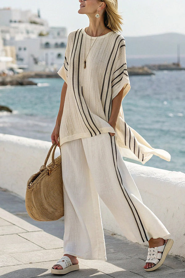 Striped Print Crew Neck Loose Top and Elastic Waist Casual Wide Leg Pants