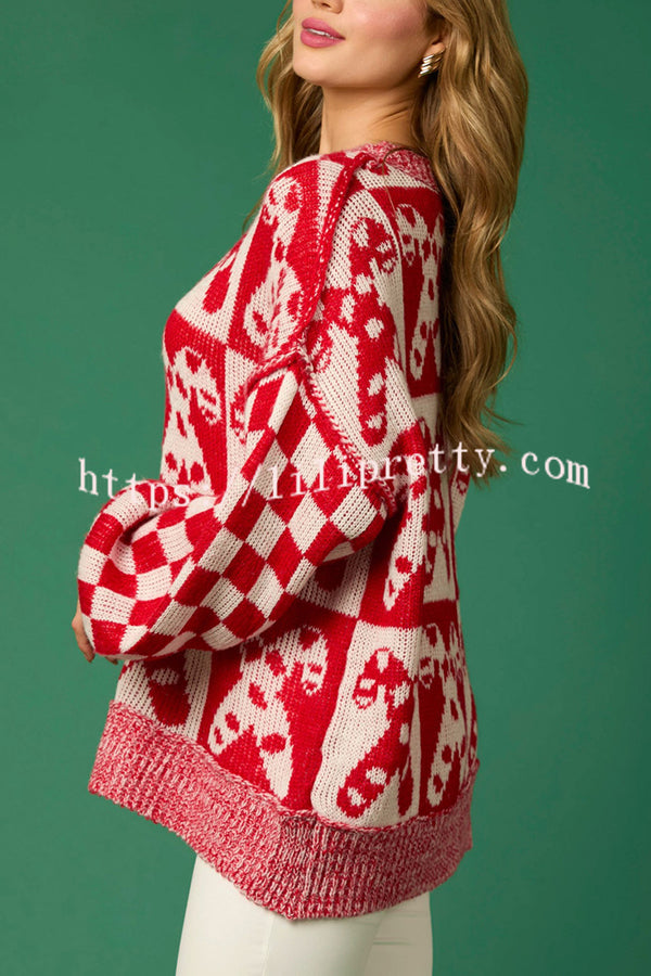 Christmas Candy Plaid Round Neck Long Sleeve Loose Knit Sweater