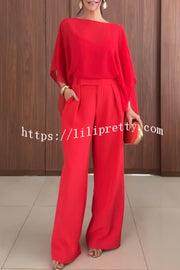 Vanie Chiffon Cape Batwing Sleeve Top and High Waist Pocket Wide Leg Pants Set