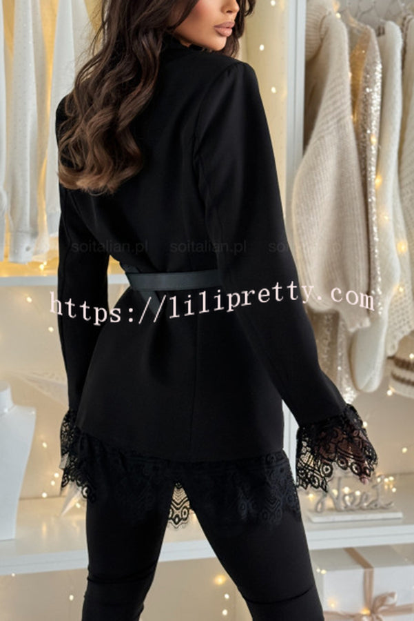 Spiced Muse Lace Trim Button Up Long Sleeve Lapel Blazer