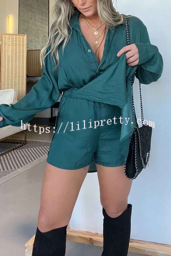 Solid Color Long Sleeve Button Casual Shirt-Style Rompers