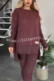 Solid Color Crew Neck Long Sleeve Top and Casual Stretch Pants Set