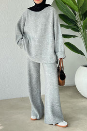 Solid Color Loose Long-sleeved Knit Top and Elastic Waist Casual Straight Leg Pants Set