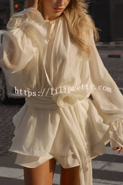 Solid Color Long Sleeve V-Neck Lace-Up Elegant Flower Decorated Mini Dress