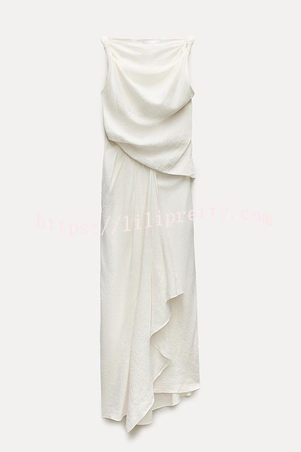 Lilipretty® Sculptural Effect Linen Blend Twisted Shoulder Strap Drape Maxi Dress