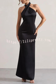 Solid Color Halter Neck Tie Sexy Backless Slim Maxi Dress
