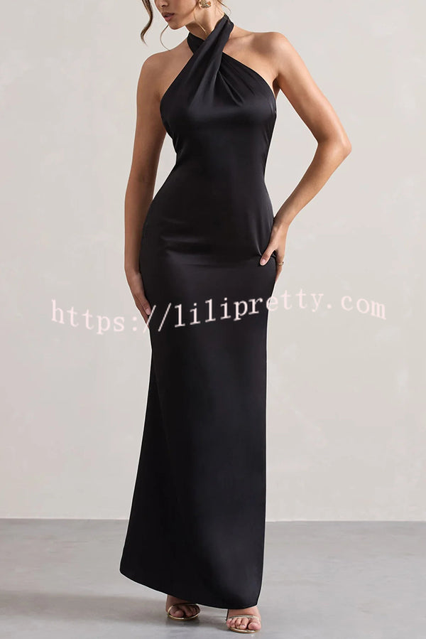 Solid Color Halter Neck Tie Sexy Backless Slim Maxi Dress
