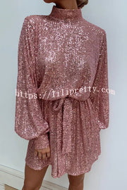 Fashionable Sequined Long-sleeved Belted Casual Mini Dress