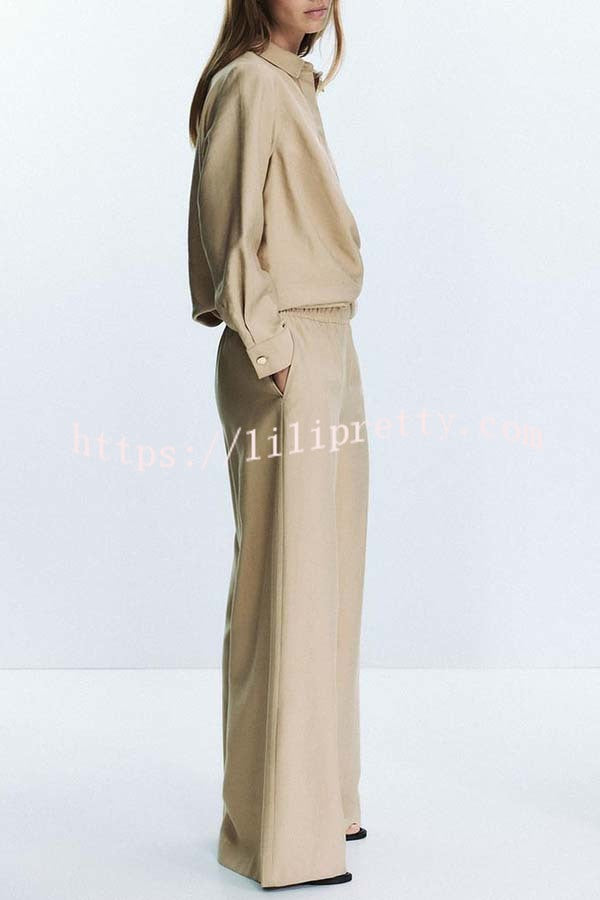 Juliette Cross-front Button Up Long Sleeve Shirt and Elastic Waist Pocket Loose Pants Set
