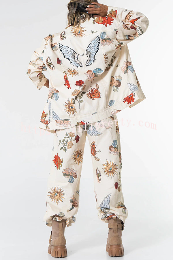 Angel Wings Denim Unique Print Mid Rise Pocket Loose Pants