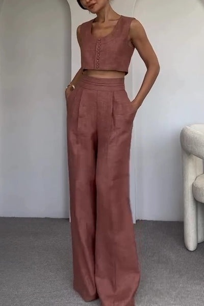 Maylin Solid Color Sleeveless Button-Down Top and Relaxed Pocket Straight Pants Set