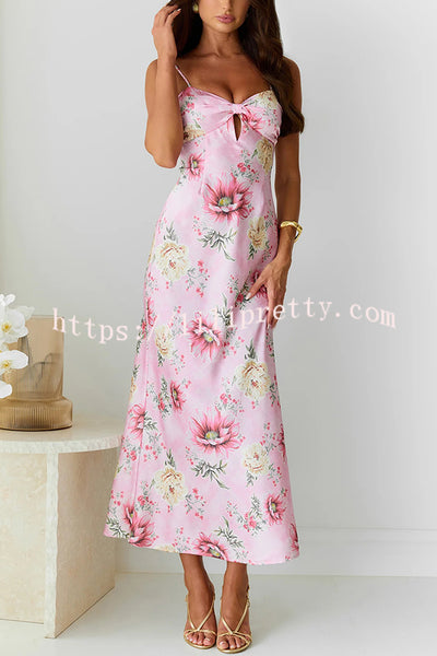 Sun Drenched Shores Satin Floral Print Cutout Bust Slip Midi Dress