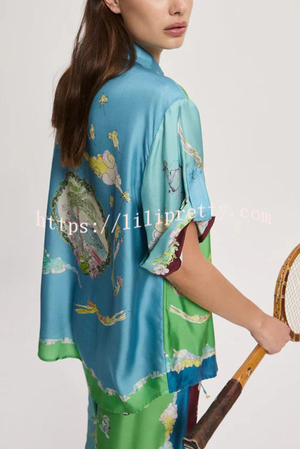 Unique Printed Lapel Short-sleeved Loose Shirt and Elastic Waist Tie Wide-leg Pants Set