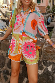 Quirky Sun Print Button Down Elastic Waist Pocket Shorts Set