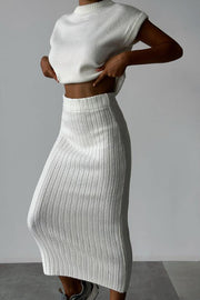 Triko Knit Short Sleeve Sweater and Stretch Ribbed Midi Skirt Set