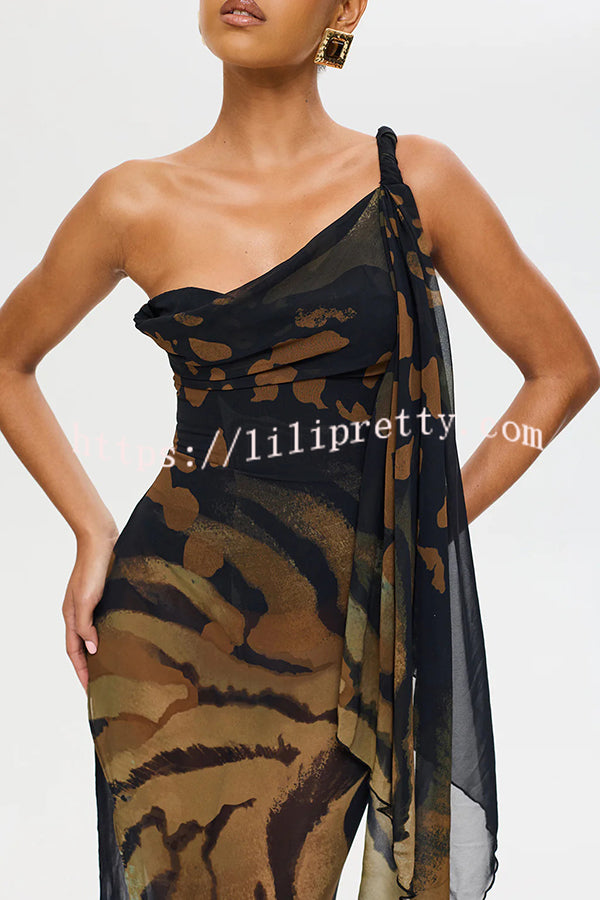 Unique Print Sexy One Shoulder Slim High Slit Maxi Dress