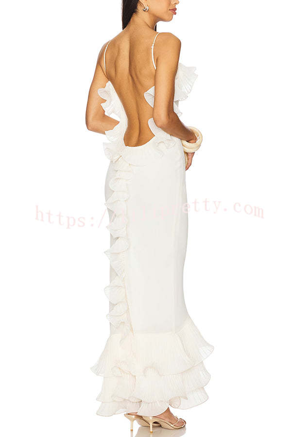 Alisin Pleated Chiffon Wavy Ruffles Trim Slip Maxi Dress