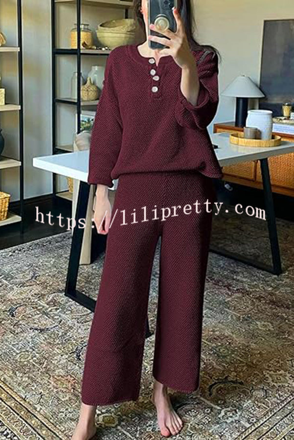 Lilipretty Heather Hailey Solid Color Casual Button V Neck Top and Pant Two Piece Set