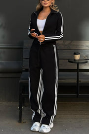 Fashionable Sports Style Striped Long-sleeved Jacket and Elastic Waist Casual Pants Set
